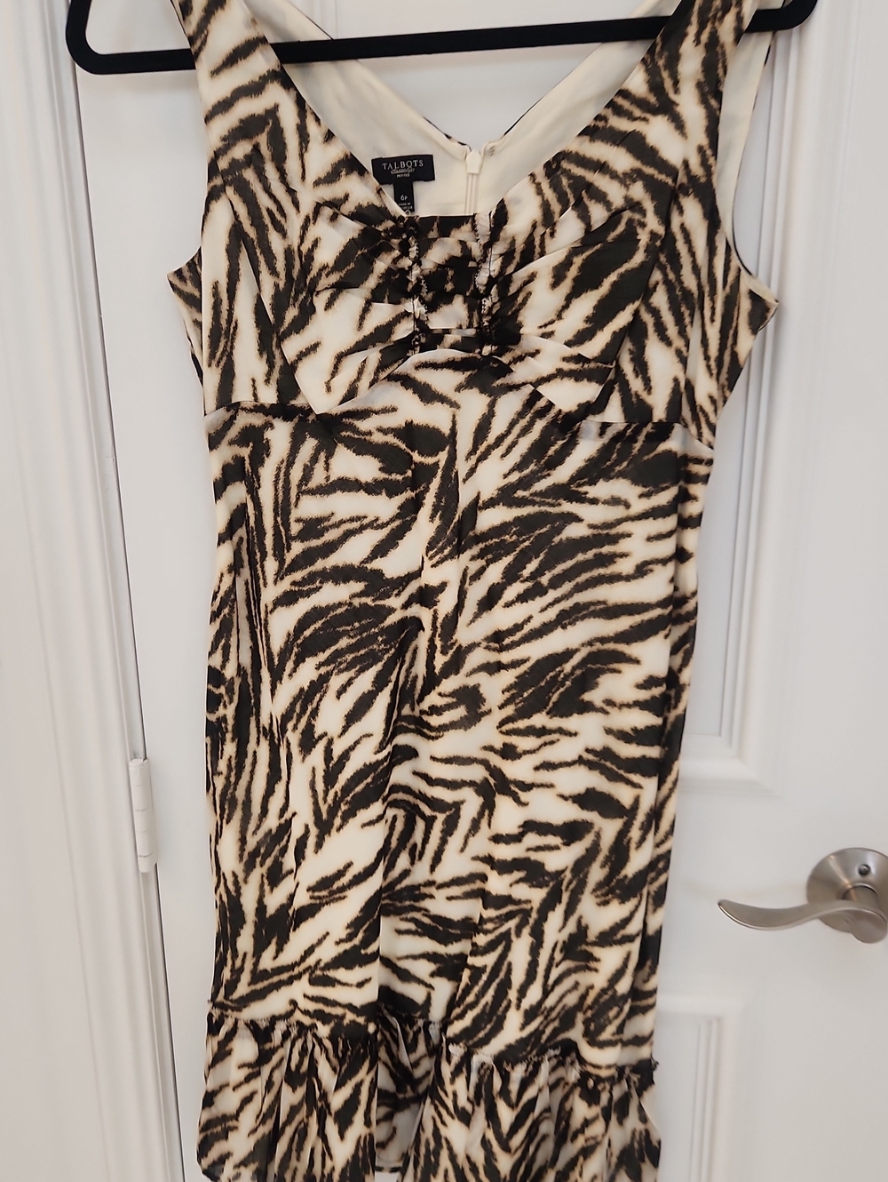Talbots Black and Cream Zebra-Print Sleeveless Dress with Ruffle Hem